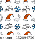 Festive holiday pattern with santa hats, blue snowflakes, and christmas lights 132094730