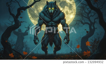 Mighty werewolf, Halloween horror scene background 132094932