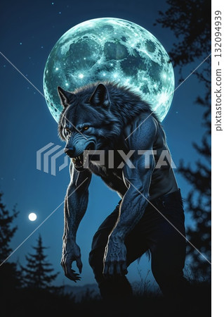 Mighty werewolf, Halloween horror scene background Mighty werewolf, Halloween horror scene background 132094939