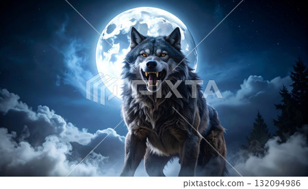 Mighty werewolf, Halloween horror scene background 132094986