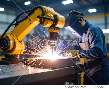 Welding robot working at the plant, futuristic background 132095000