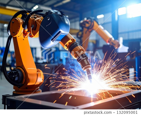 Welding robot working at the plant, futuristic background 132095001
