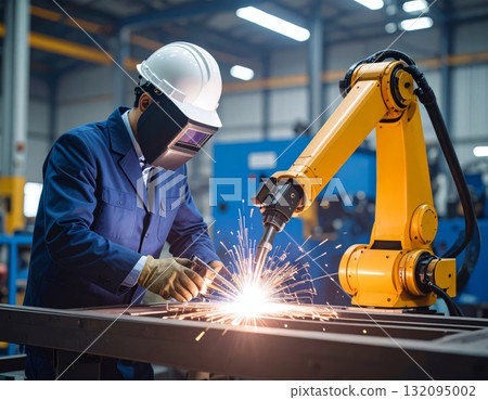 Welding robot working at the plant, futuristic background Welding robot working at the plant, futuristic background 132095002