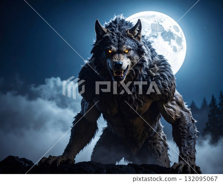 Mighty werewolf, Halloween horror scene background 132095067