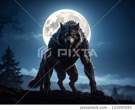 Mighty werewolf, Halloween horror scene background 132095083