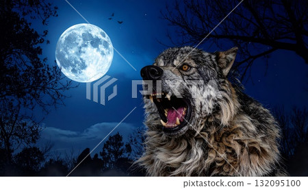 Mighty werewolf, Halloween horror scene background 132095100