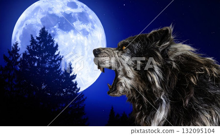 Mighty werewolf, Halloween horror scene background 132095104