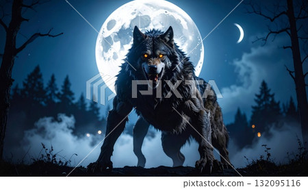 Mighty werewolf, Halloween horror scene background 132095116