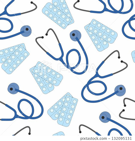 Seamless pattern with stethoscope and pills. Medical background. Isolated on white background. 132095131