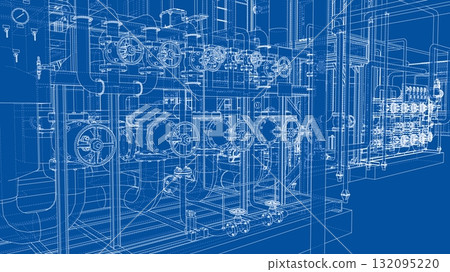 Industrial Blueprint of Complex Machinery. Vector 132095220