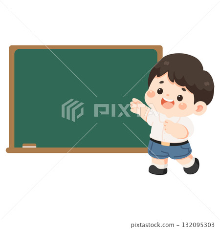 Cartoon Boy Presenting at Chalkboard Illustration Cartoon Boy Presenting at Chalkboard Illustration 132095303