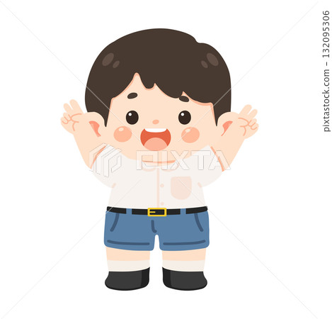 Cartoon Illustration of Boy with Hands Up 132095306