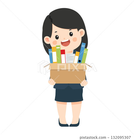Cartoon Woman Carrying Box of Files Cartoon Woman Carrying Box of Files 132095307