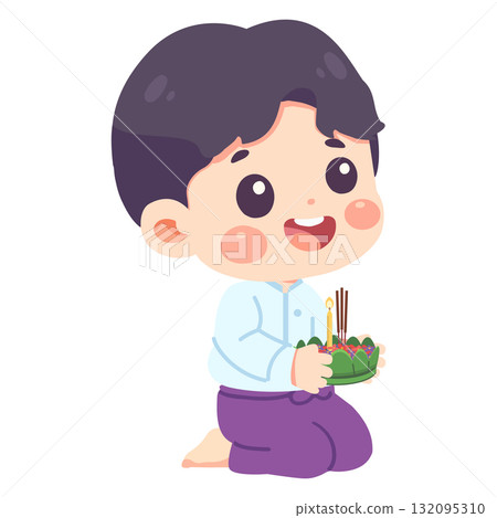 Cartoon Boy Holding Krathong for Loy Krathong 132095310