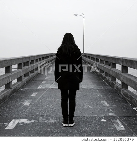 Woman on a long bridge or road, loneliness and meditation concept 132095379