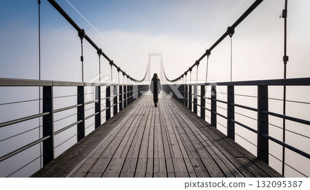 Woman on a long bridge or road, loneliness and meditation concept 132095387