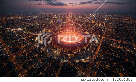 Wide-angle illustration of a futuristic city skyline powered by a large fusion reactor, visible plasma glow in reactor core 132095395