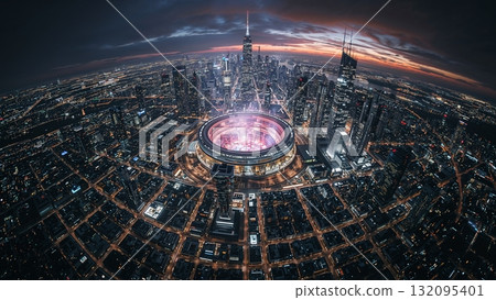 Wide-angle illustration of a futuristic city skyline powered by a large fusion reactor, visible plasma glow in reactor core Wide-angle illustration of a futuristic city skyline powered by a large fusion reactor, visible plasma glow in reactor core 132095401