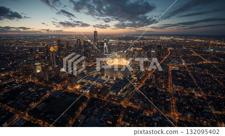 Wide-angle illustration of a futuristic city skyline powered by a large fusion reactor, visible plasma glow in reactor core 132095402