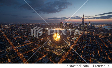 Wide-angle illustration of a futuristic city skyline powered by a large fusion reactor, visible plasma glow in reactor core Wide-angle illustration of a futuristic city skyline powered by a large fusion reactor, visible plasma glow in reactor core 132095403