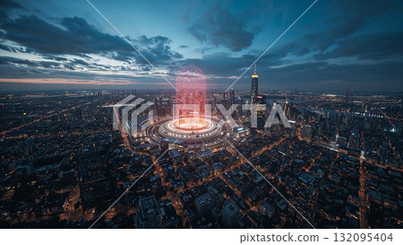 Wide-angle illustration of a futuristic city skyline powered by a large fusion reactor, visible plasma glow in reactor core 132095404