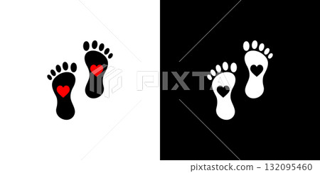 Footprints of Love Heart Shaped Footprints in black and white. 132095460
