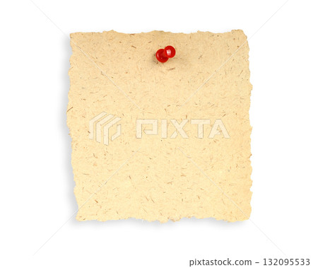 Torn old blank paper pinned by red pin, isolated on transparent background Torn old blank paper pinned by red pin, isolated on transparent background 132095533