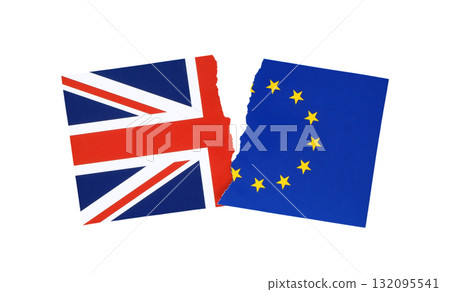 Torn parts of small European Union and British flags placed next to each other, isolated on a transparent background Torn parts of small European Union and British flags placed next to each other, isolated on a transparent background 132095541
