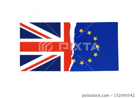 Torn parts of small European Union and British flags placed next to each other, isolated on a transparent background Torn parts of small European Union and British flags placed next to each other, isolated on a transparent background 132095542