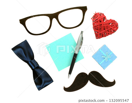 Mockup collection of hipster-themed accessories including mustache, glasses, bow tie, and other stylish items, isolated on a transparent background 132095547