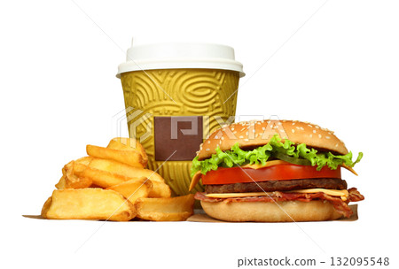 Creative composition featuring a burger with bacon, French fries, and a coffee cup, isolated on a transparent background 132095548