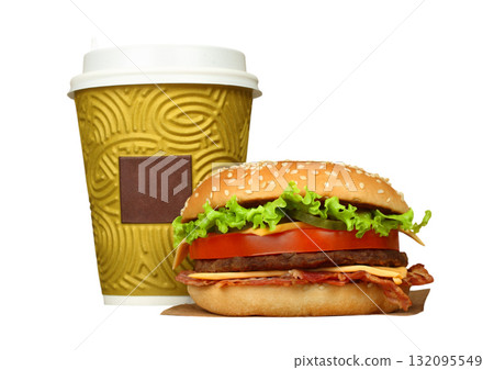 Creative composition featuring a burger with bacon and a coffee cup, isolated on a transparent background 132095549