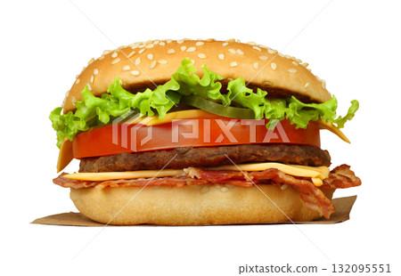 Juicy burger topped with crispy bacon, isolated on a transparent background Juicy burger topped with crispy bacon, isolated on a transparent background 132095551
