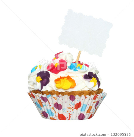 A dessert pastry featuring a small sign inserted into it, isolated on a transparent background A dessert pastry featuring a small sign inserted into it, isolated on a transparent background 132095555