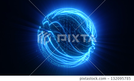 Radiant blue digital sphere with glowing electric textures and spiraling neon lines in a futuristic environment 132095785