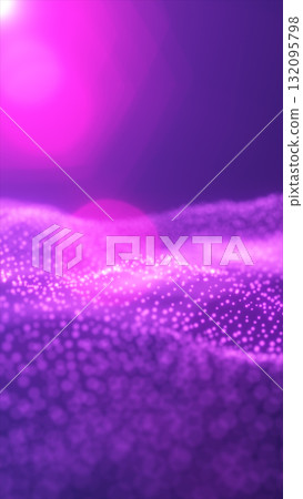 Soft purple and pink glowing particle waves with lens flare effect in an abstract digital landscape Soft purple and pink glowing particle waves with lens flare effect in an abstract digital landscape 132095798