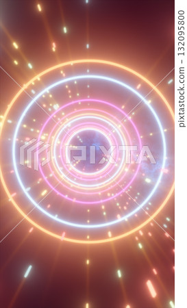 Colorful glowing rings forming a tunnel-like abstract scene with neon lights and motion blur for a futuristic look 132095800