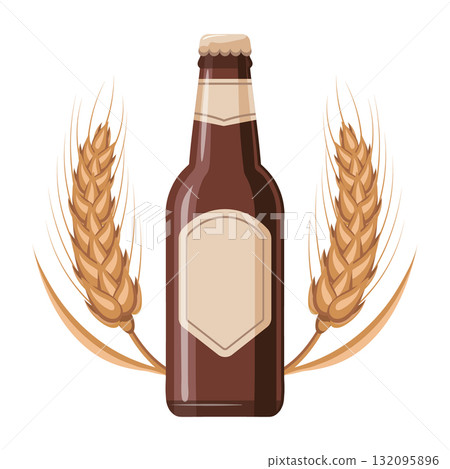 Brown glass bottle with wheat ears. A bottle of beer icon with blank label. Colorful design illustration. Brown glass bottle with wheat ears. A bottle of beer icon with blank label. Colorful design illustration. 132095896