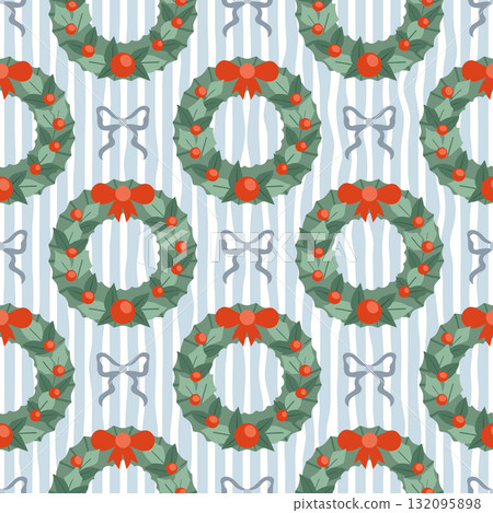 Seamless pattern with festive winter Christmas Wreath and bows on striped background. Retro festive background. 132095898
