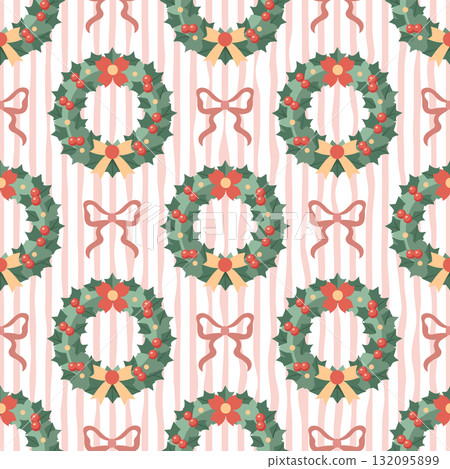 Seamless pattern with festive winter Christmas Wreath and bows on striped background. Retro festive background. Seamless pattern with festive winter Christmas Wreath and bows on striped background. Retro festive background. 132095899