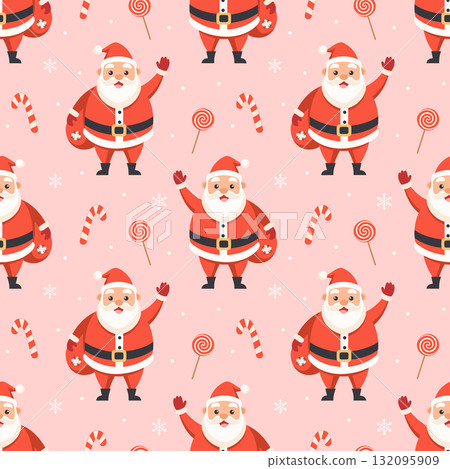 Christmas Seamless pattern with a cute Santa Claus and candy canes. Winter holiday background. 132095909