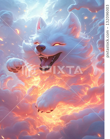 Fantasy-themed artwork of a legendary white wolf with glowing fire energy. wisdom, and supernatural energy. AI Generated. Fantasy-themed artwork of a legendary white wolf with glowing fire energy. wisdom, and supernatural energy. AI Generated. 132096003