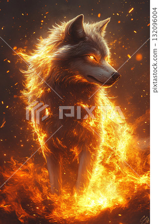 Flames burning in wolf shape. captures the fiery and ethereal beauty of wolf flames. AI Generated. Flames burning in wolf shape. captures the fiery and ethereal beauty of wolf flames. AI Generated. 132096004