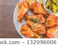 Savor the irresistible allure of these delicious, spicy buffalo chicken wings. Crispy, cooked to perfection and coated in a flavorful sauce, they are sprinkled with sesame seeds 132096006