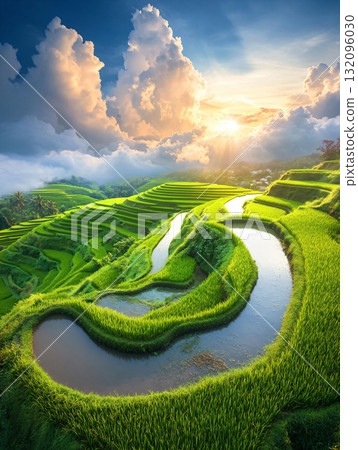 Wide angle view of lush green rice terraces in harmony with the natural landscape. Mountains sunset view background. AI Generated. Wide angle view of lush green rice terraces in harmony with the natural landscape. Mountains sunset view background. AI Generated. 132096030