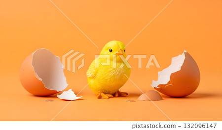 A cute yellow chick hatched from an egg on an orange background. A cute yellow chick hatched from an egg on an orange background. 132096147