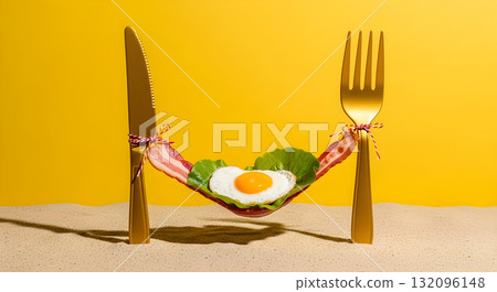 Creative breakfast concept with fried egg, bacon, and lettuce in a hammock. 132096148