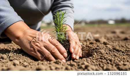 Planting a young rosemary plant in the garden on a sunny day 132096181