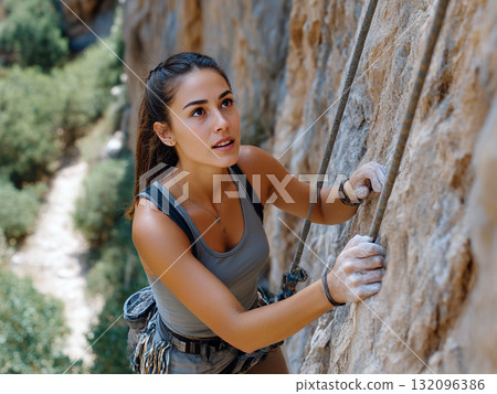 Active Woman Rock Climbing Outdoors with Safety Gear on a Sunny Day 132096386