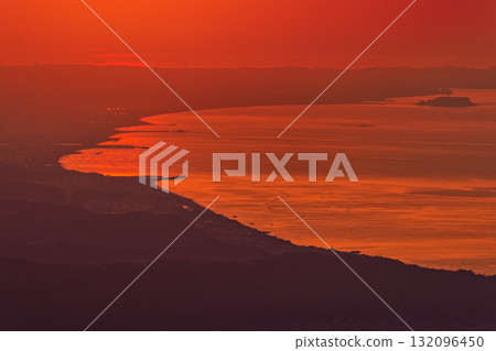 Shonan Sea and Enoshima at dawn as seen from Mt. Myojin-ga-take in Hakone Shonan Sea and Enoshima at dawn as seen from Mt. Myojin-ga-take in Hakone 132096450